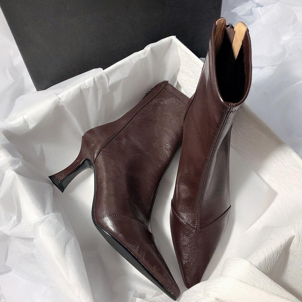 New Pointed Elegant Korean Heart Thin Boots Thin Heel Zipper High Heel Short Boots Women's Black Beige Brown