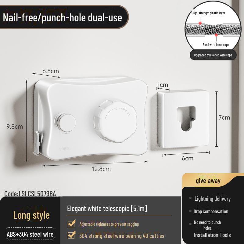 

Выдвижная бельевая веревка из нержавеющей стали для балкона/ванной комнаты Drill/No-Drill Dual Mounting Options