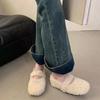 Nouveau Style Chaussures Plates Mary Jane Blanches Françaises pour Femmes Automne et Hiver Chaussures en Coton Chaud à Semelle Plate et Pompon