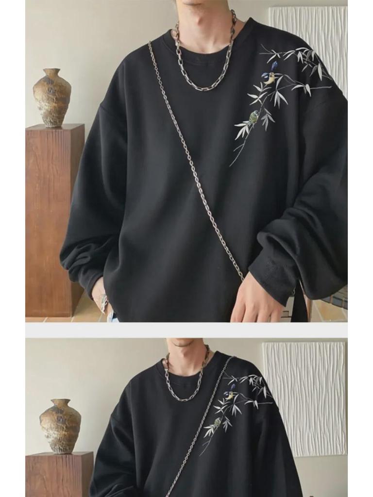 Trendiger weinroter Herrenpullover im chinesischen Stil, runder Kragen, lockere Passform, perfekt für Frühling und Herbst.