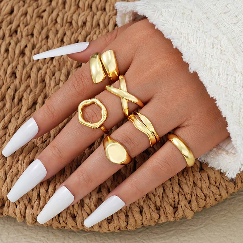 6Pcs/set Gold Color Geometric Chunky Open Rings Set for Women Exaggerated Metal Smooth Adjustable Finger Ring Jewelry Gifts New