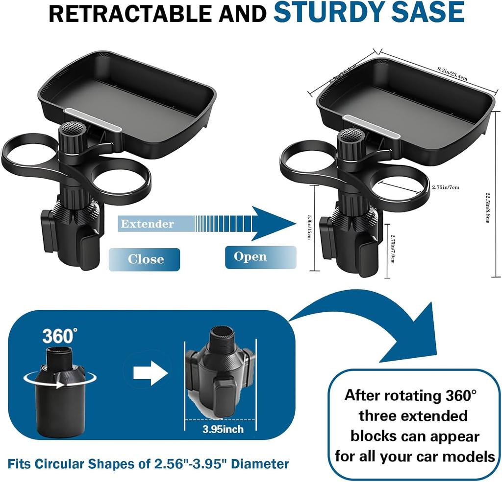 Car Cup Holder Extender 360 Degree Rotating Detachable Multifunctional Car Seat Snack Tray Drink Holder For Travel Truck And Road Trip Use