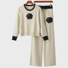 Trendy Embroidered Knit Top & Wide-Leg Pants Set for Women - Spring/Autumn Fashion
