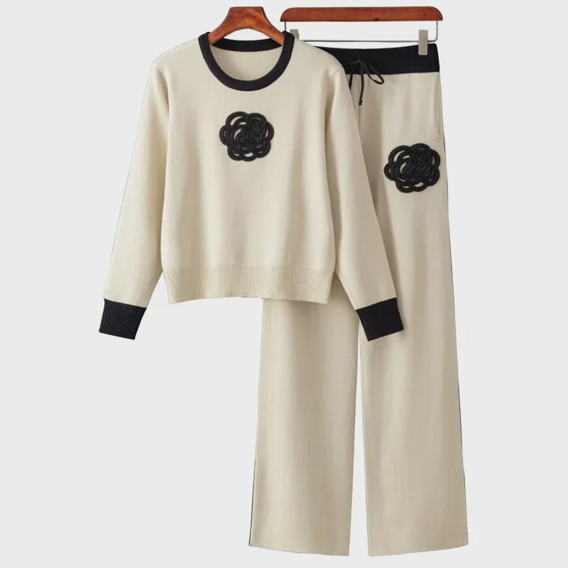 Trendy Embroidered Knit Top & Wide-Leg Pants Set for Women - Spring/Autumn Fashion