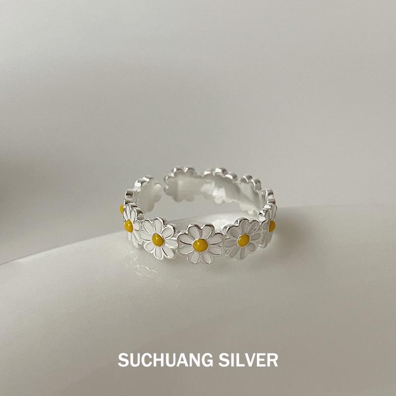 S925 Sterling Silver Adjustable Daisy Ring for Women with White Flower Resin Adjustable Open