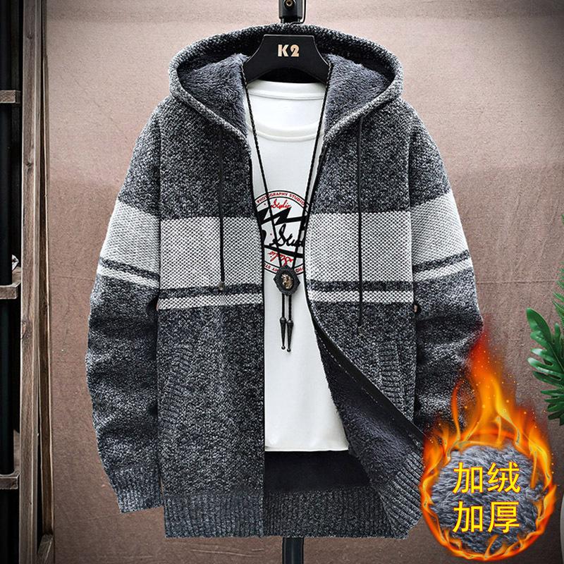 

Men s Sweater Autumn and Winter New Velvet Hooded Sweater Cardigan Jacket for Young and Middle-aged People L сірий колір