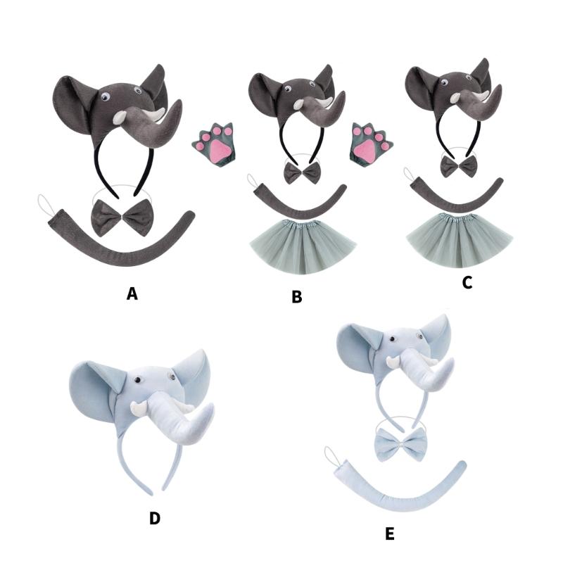 Kinder Elefantenkostüm Set Elefantenohren Stirnband Schwanz Fliege Tutu Handschuhe für Halloween Weihnachten Tier Cosplay Kostümsets