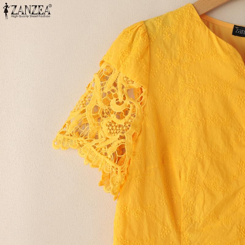 ZANZEA Dame Sommer V-hals Hul Heklet Spleis Kort Ermet Casual Bluse