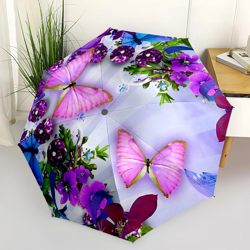 1pc Butterfly Flowers Automatic Umbrella | Portable Foldable 8-Rib Manual Open, Cute Birthday & Holiday Gift for Outdoor Yy260107117