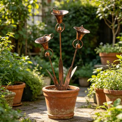 Garden Stake with Bells Soft Wind Chime Common Callalily Design Flamed Copper Finish Weather-Resistant Metal Garden Stake Outdoor Decor