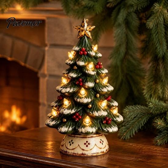 Seasonal Interior Decor Lighted Christmas Tree Decoration, Resin Tabletop Xmas with Warm LED Compact Trees Lights, Battery Operated Holiday