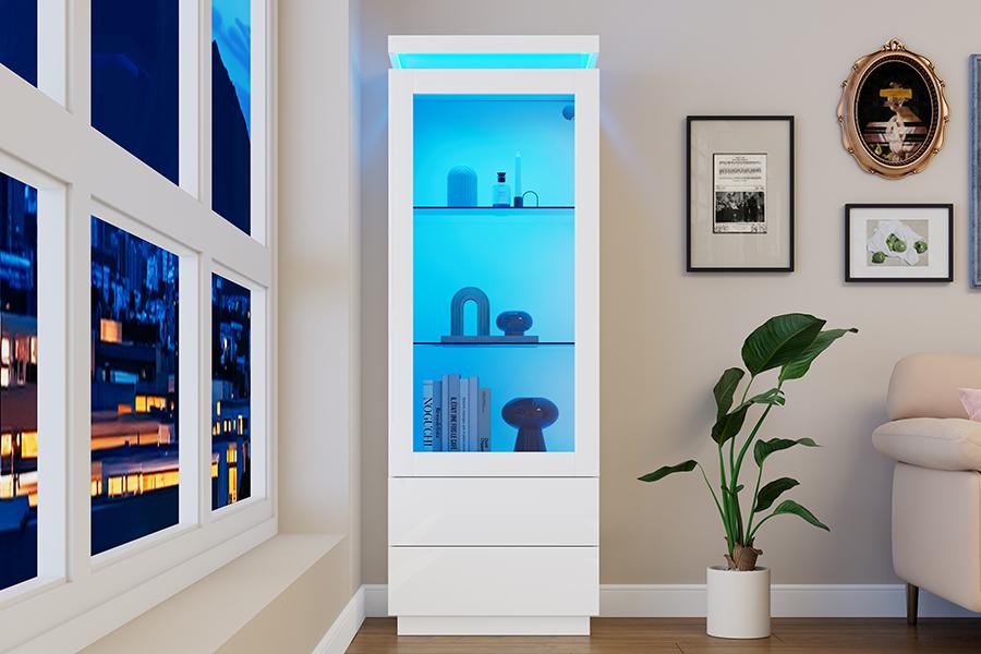 Vetrina 60*40*171cm, Armadio Alto con 2 Cassetti, Vetrina in Vetro ad Alta Lucentezza con LED, Soggiorno con Ante in Vetro e Ante a Ribalta, Bianco