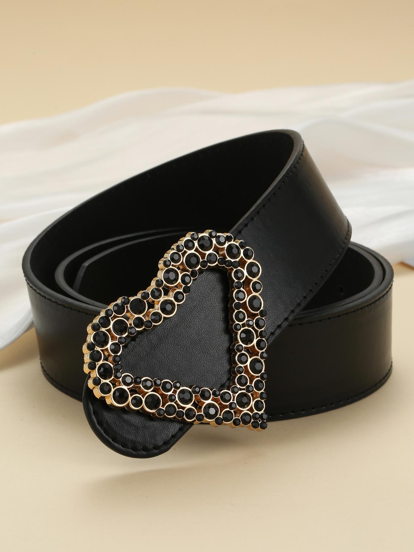 

Женский ремень Spice Girl Style Personality Black Rhinestone Heart Buckle с пряжкой в виде сердца, винтажный ремень с застежкой-кнопкой 112cm чёрный