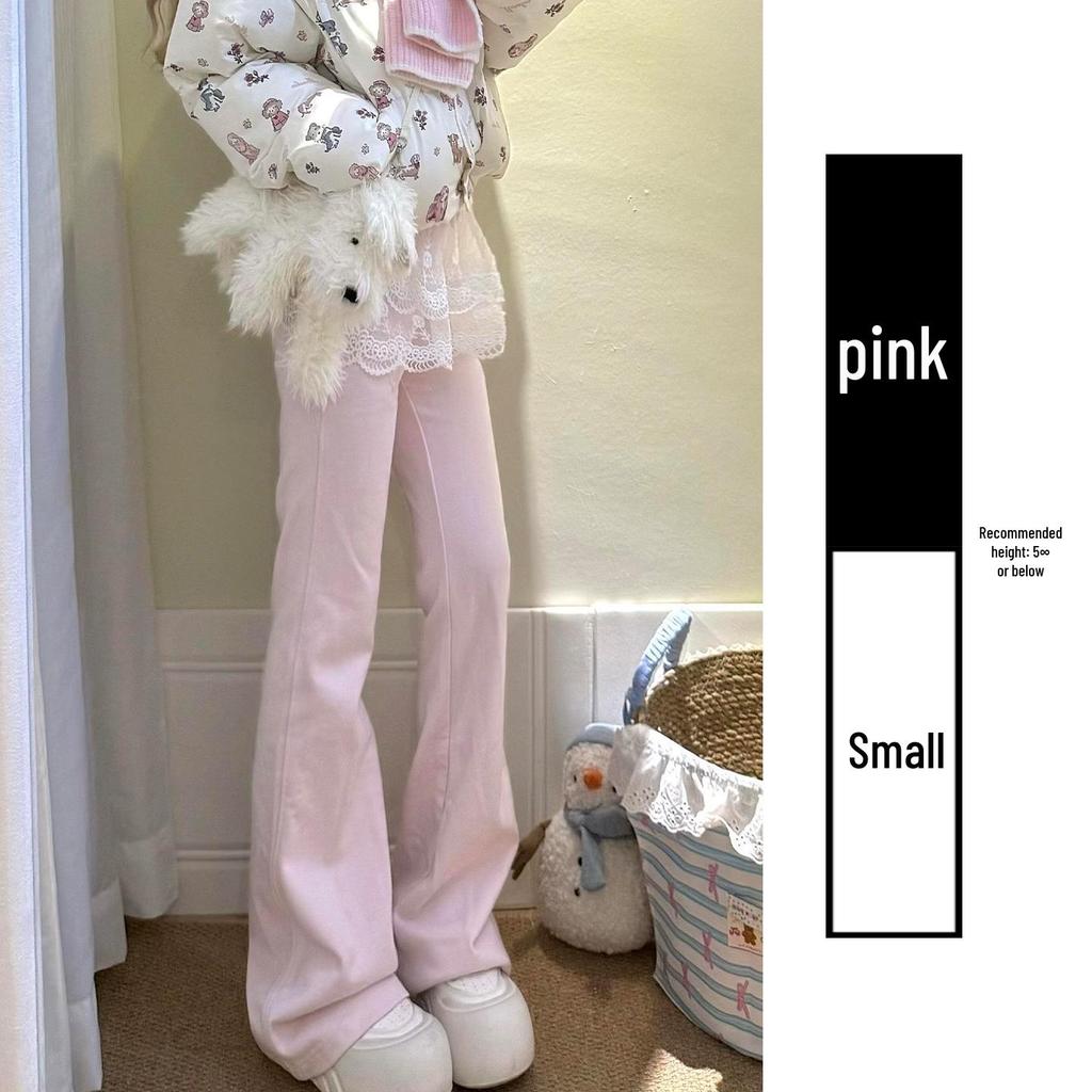 Winter 2025 Women's High-Waisted Pink Fleece-Lined Micro-Flare Sweatpants - Petite Size.