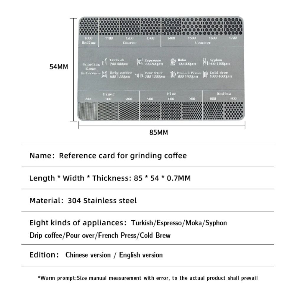 Size 200-1600um Ground Coffee Grind Reference Card  Brewing Related Conversions