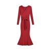 Pure desire style red chest long-sleeved dress women's clothing autumn and winter design sense slim temperament inner hip-wrapped dress