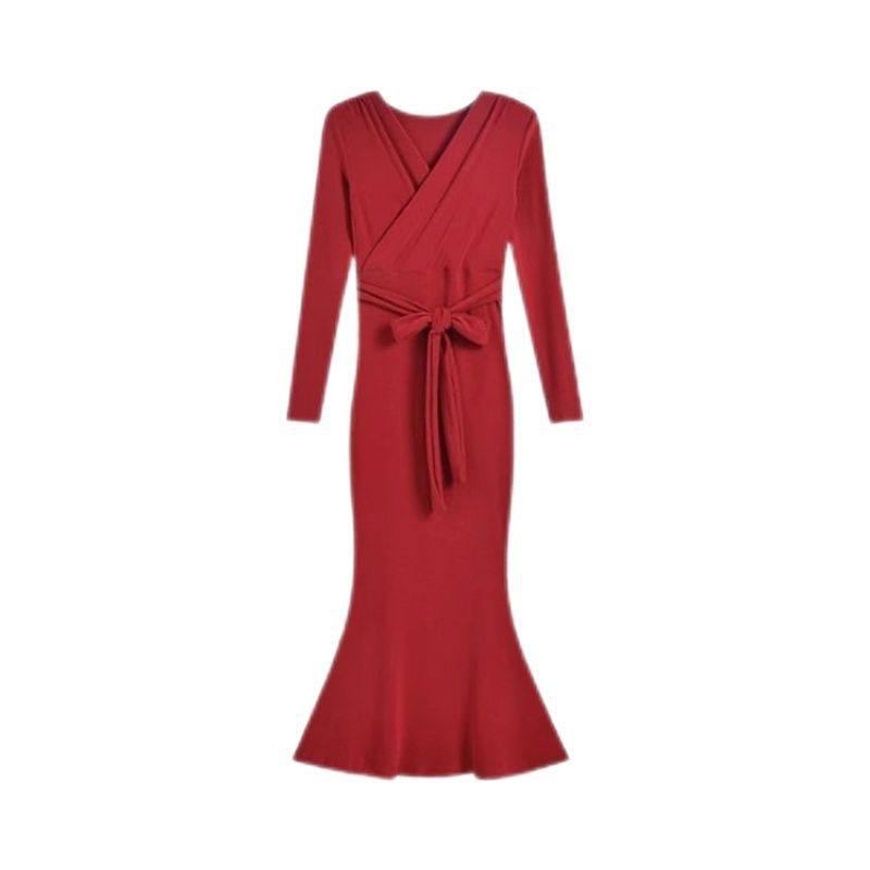 Pure desire style red chest long-sleeved dress women's clothing autumn and winter design sense slim temperament inner hip-wrapped dress