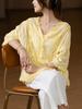 2025 Summer Women Bat V-Neck T-Shirt Basic Lace New Fashion Tops Lace Tees Casual Loose Yellow Tees
