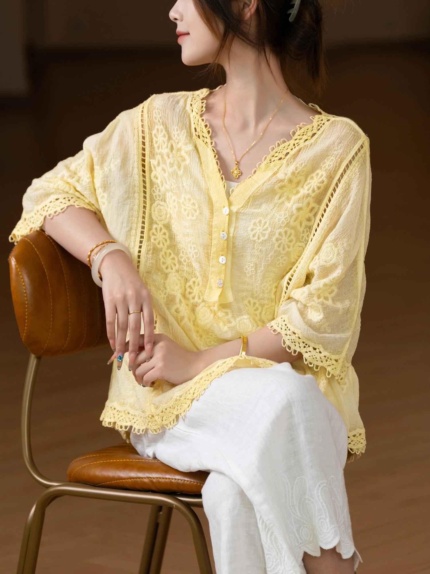 

DIMANAF 2025 Summer Women Bat V-Neck T-Shirt Basic Lace New Fashion Tops Lace Tees Casual Loose Yellow Tees One Size