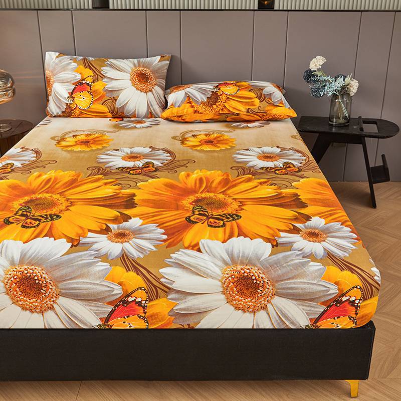 3pcs Golden Sunflower + Butterfly Print Fitted Sheet Set Perfect Fit for Bedroom or Guest Room Use, Bedspread Cover, Mattress Protector, Bedding Set