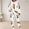 Women Plus Size Two Piece Set Round Neck Long Sleeve White Printed Top And Long Pants