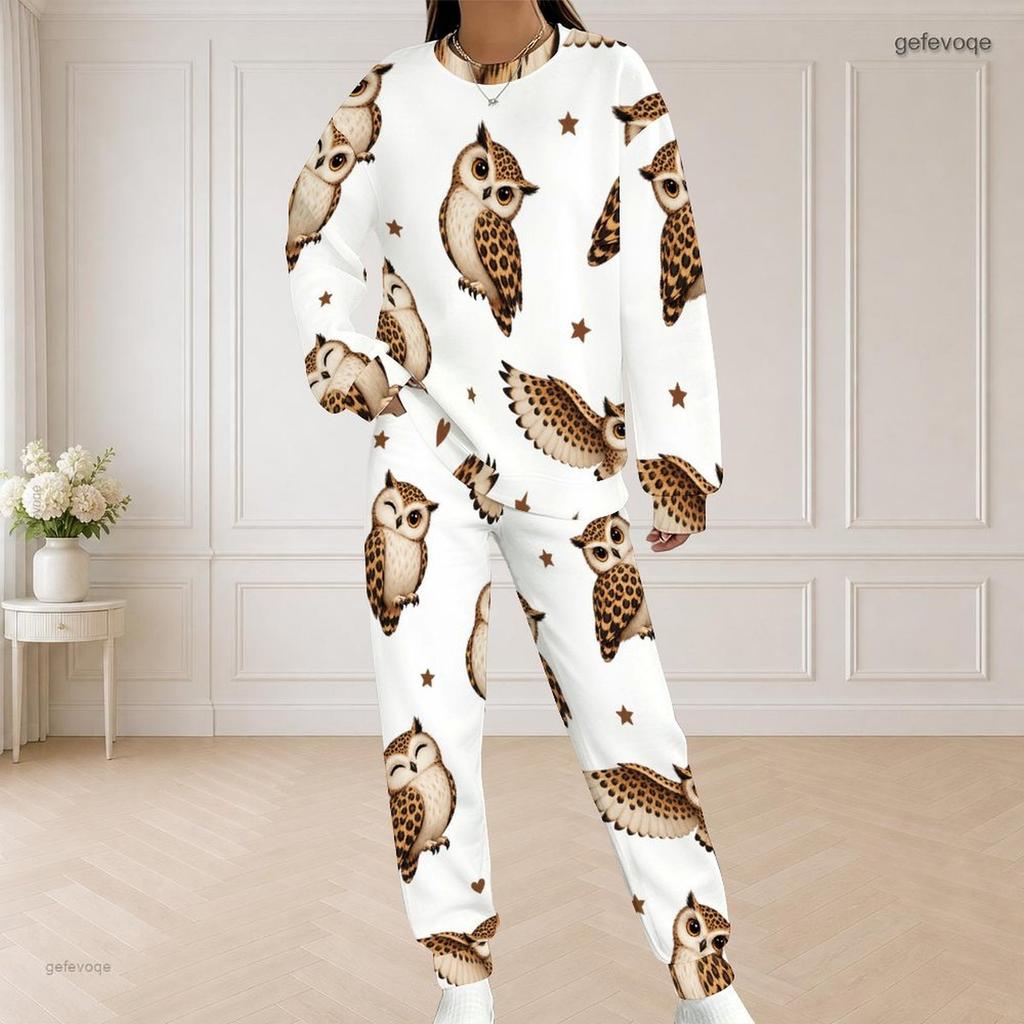 Women Plus Size Two Piece Set Round Neck Long Sleeve White Printed Top And Long Pants