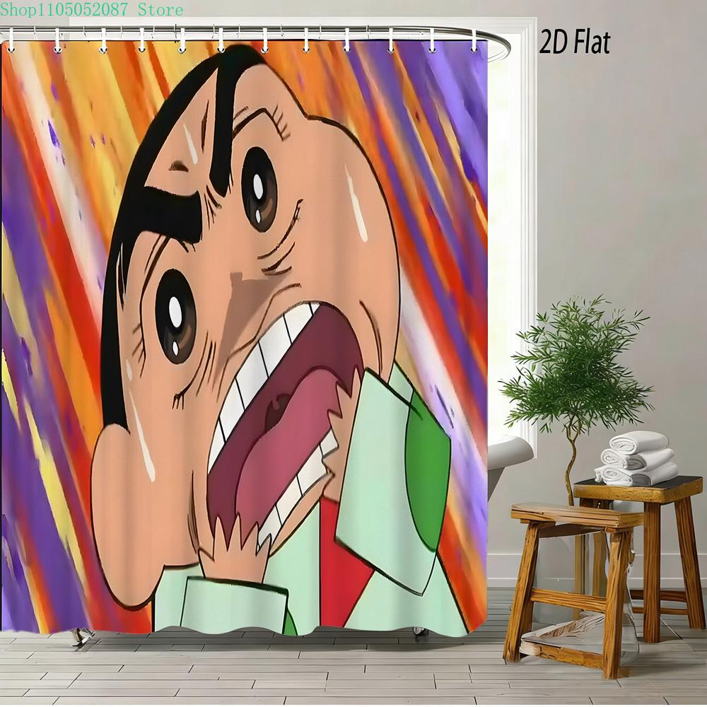 Crayon Shin-Chan & Himawari & Shiro & Leopard & Rooster Jungle Adventure Scene 2D Print Waterproof Shower Curtain, Bright Green