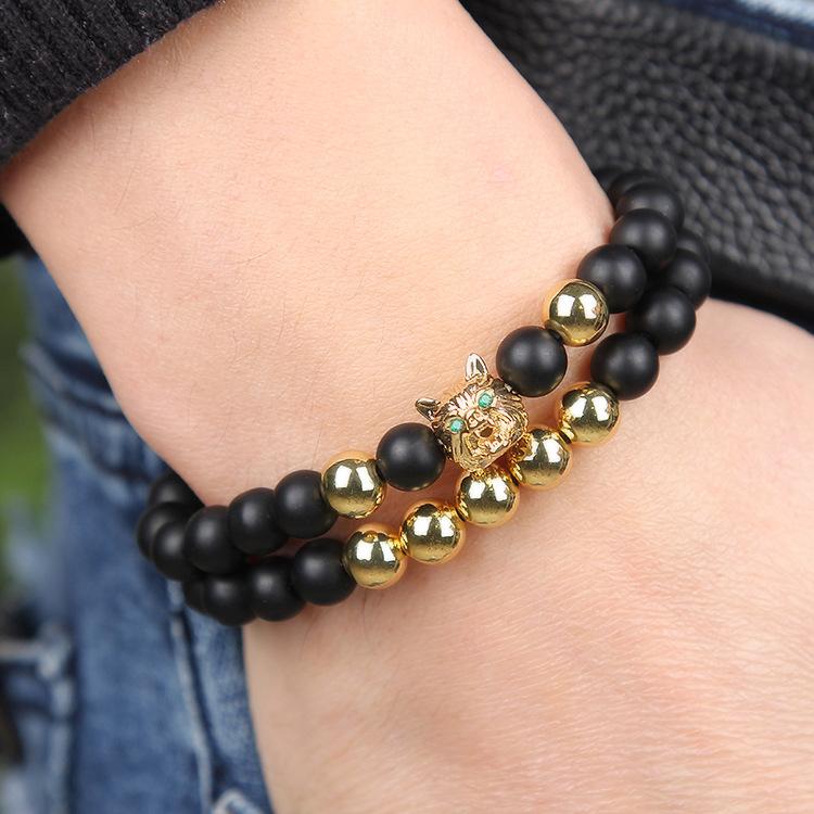 Micro Pave Wolf Head Zircon Bracelet Set, Frosted Matte Stone Beaded Bracelets