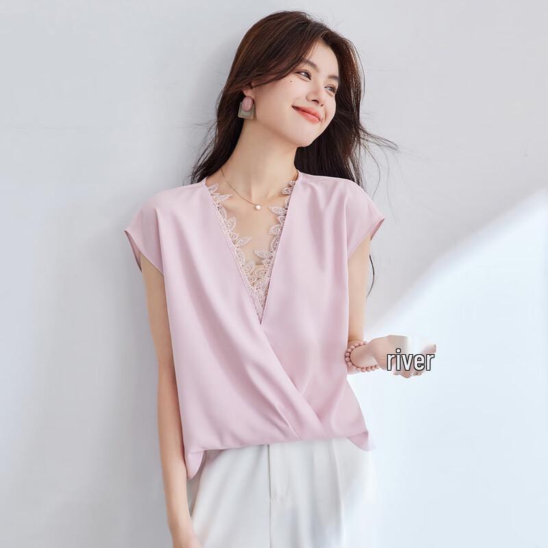 Elegant V-Neck Lace Chiffon Sleeveless Top M