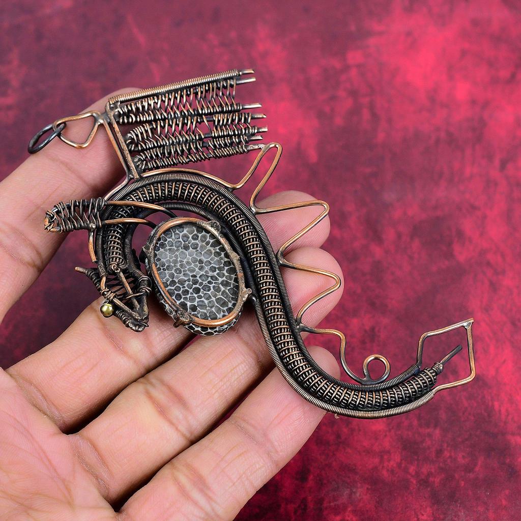 Stingray Coral Gemstone Pendant Copper Wire Wrapped Pendant Dragon Pendant Handmade Jewelry Unique Style Pendant Wire Wrap  Jewelry for Gift