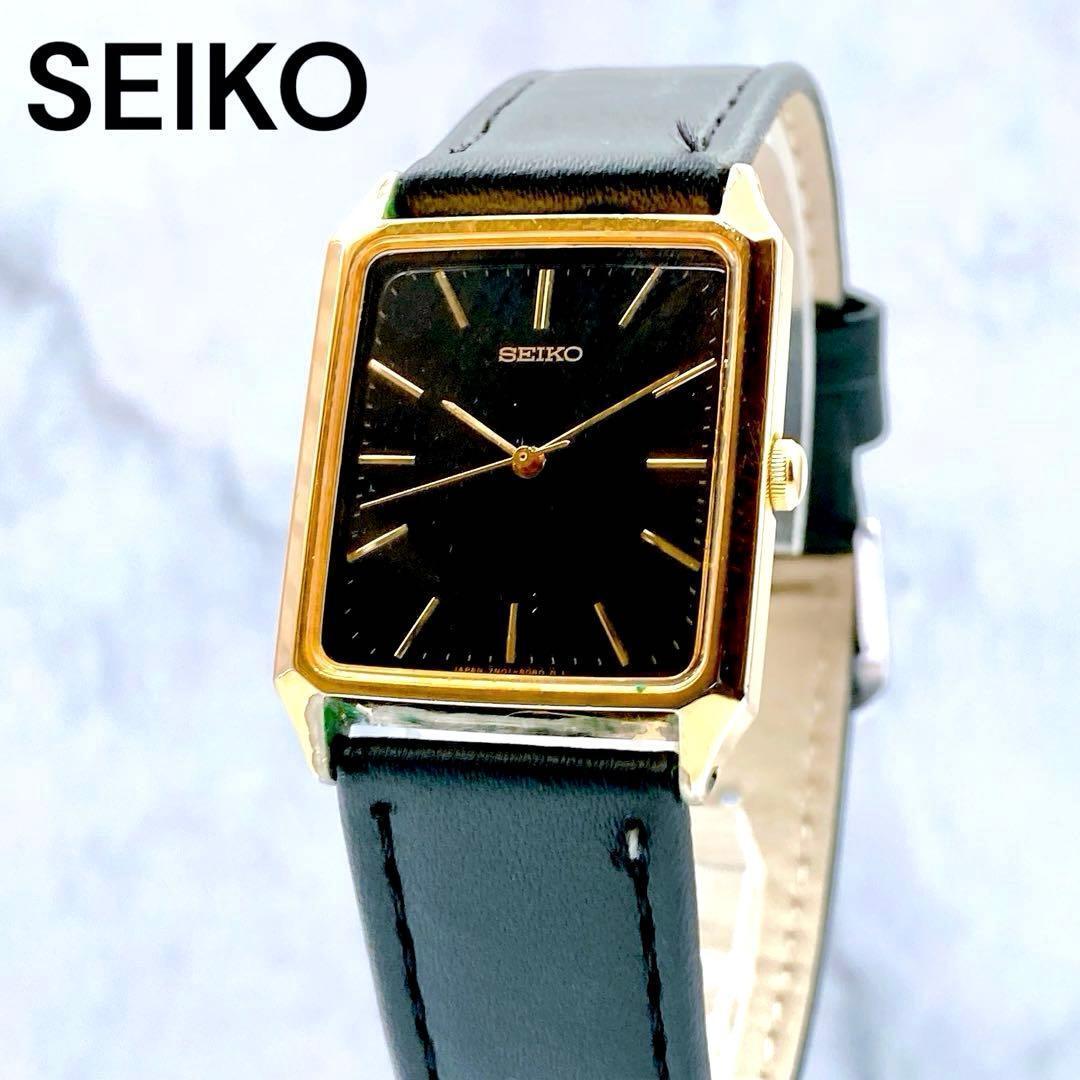 Working itemSEIKO Chariot Men s Watch New Strap Gold Seiko Black Vintage 3 Hands 7N01-5060 TANK Tank