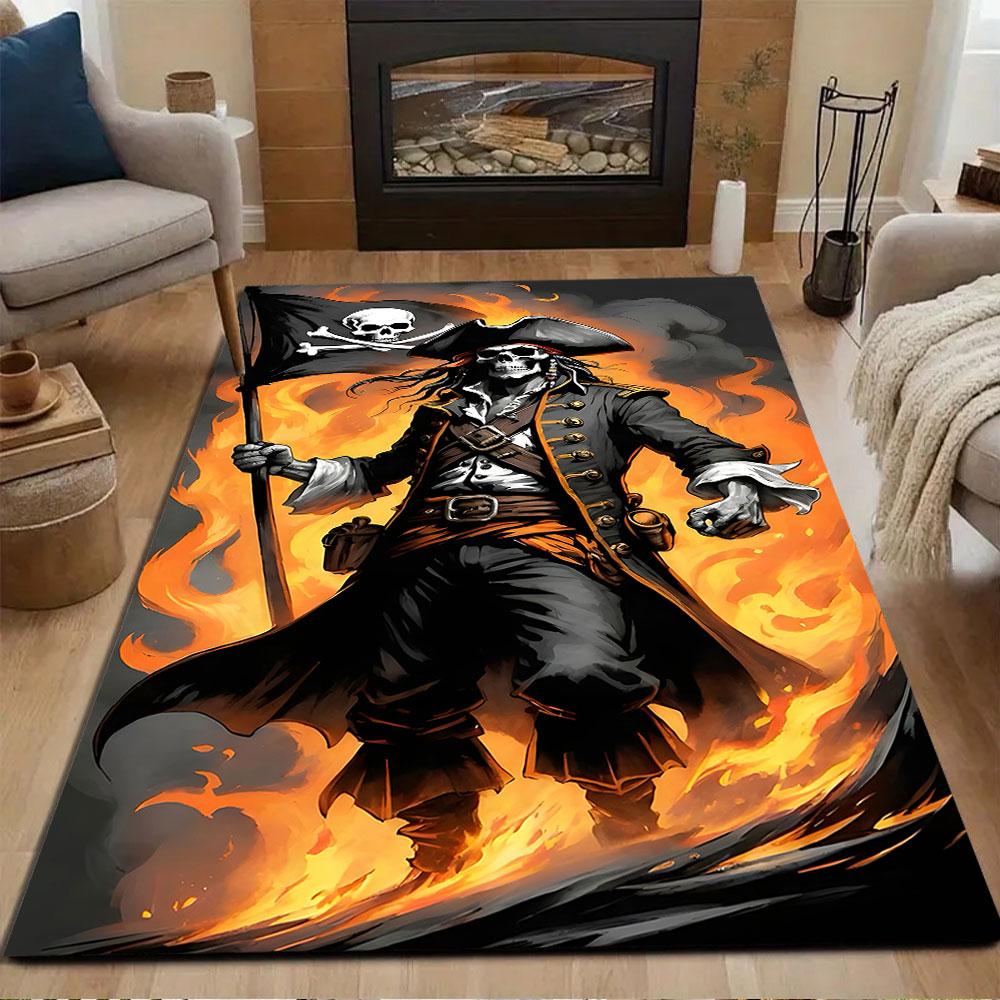 Flaming Skeleton Pirate with Flag Patterned carpet, non slip mat suitable for living room and bedroom sofas