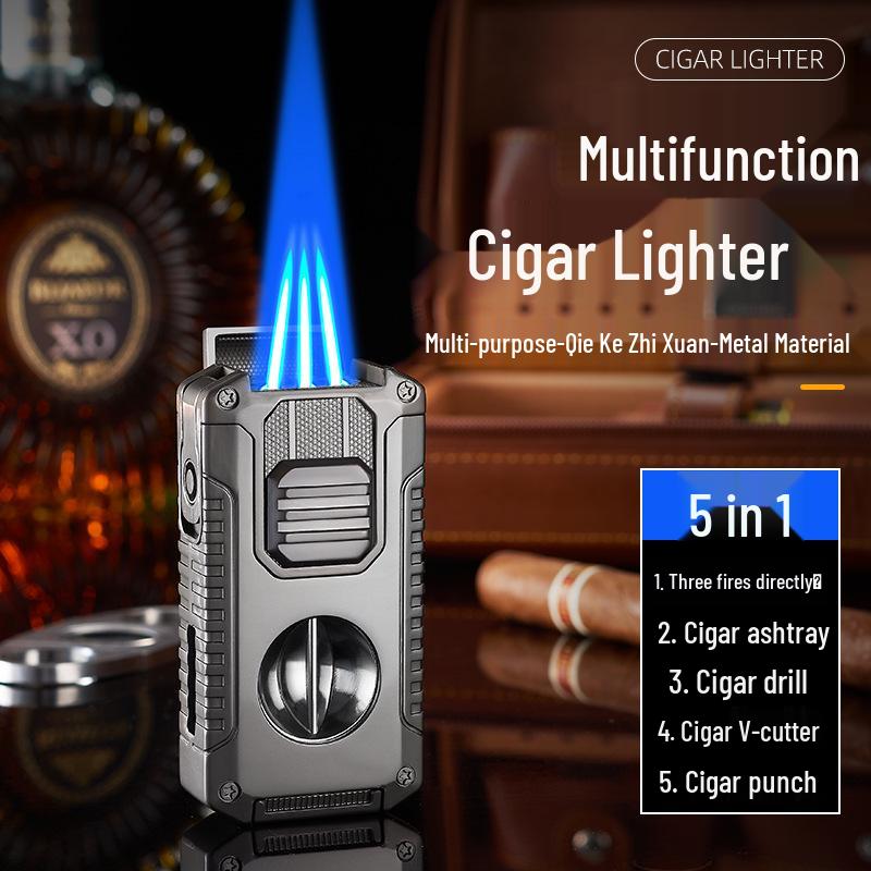 Triple Jet Cigar Lighter with V-Cutter & Puncher