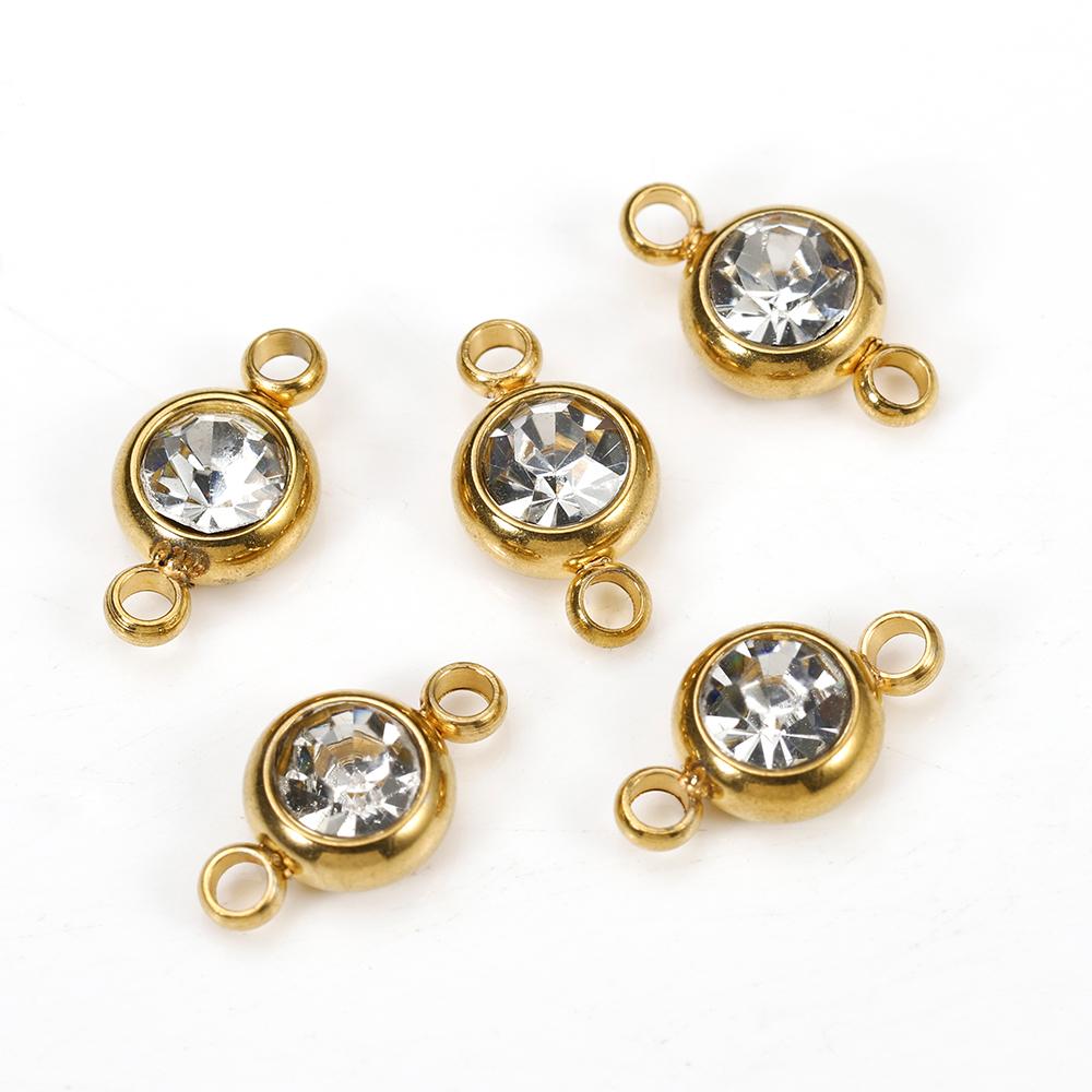 10pcs 6mm Stainless Steel Crystal Rhinestone Beads Gold Color Birthstones Charms Pendants for Bracelet Jewelry Making Crafts DIY