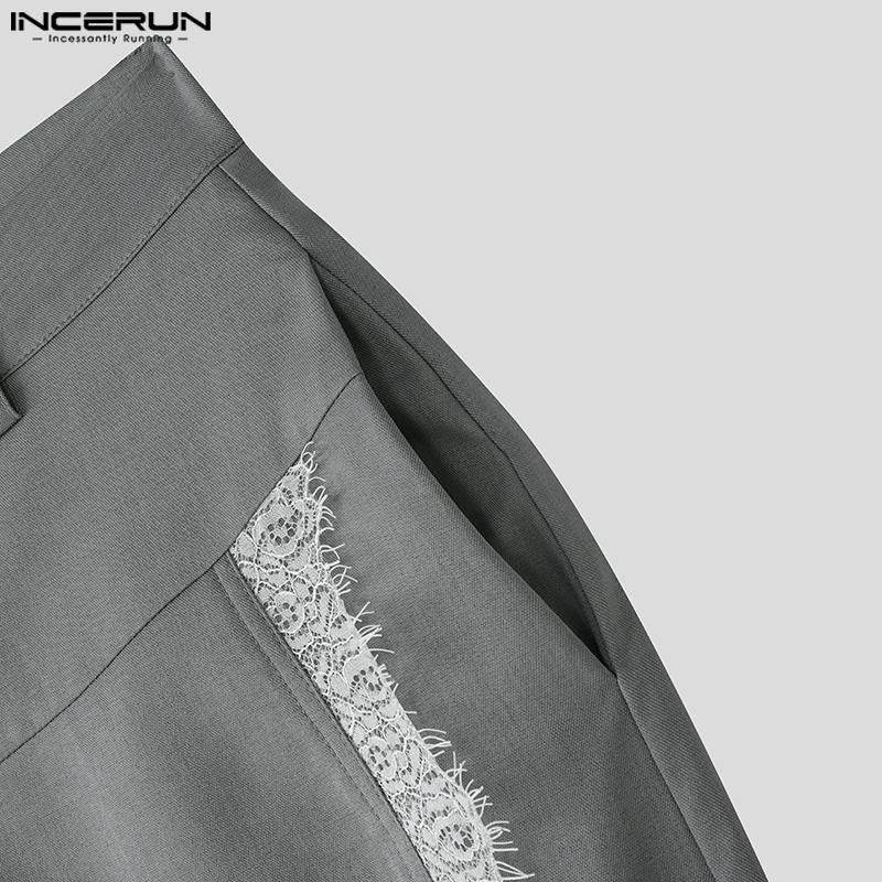 INCERUN Men Zip-up Waist Side Lace Patchwork Casual Long Straight Pants