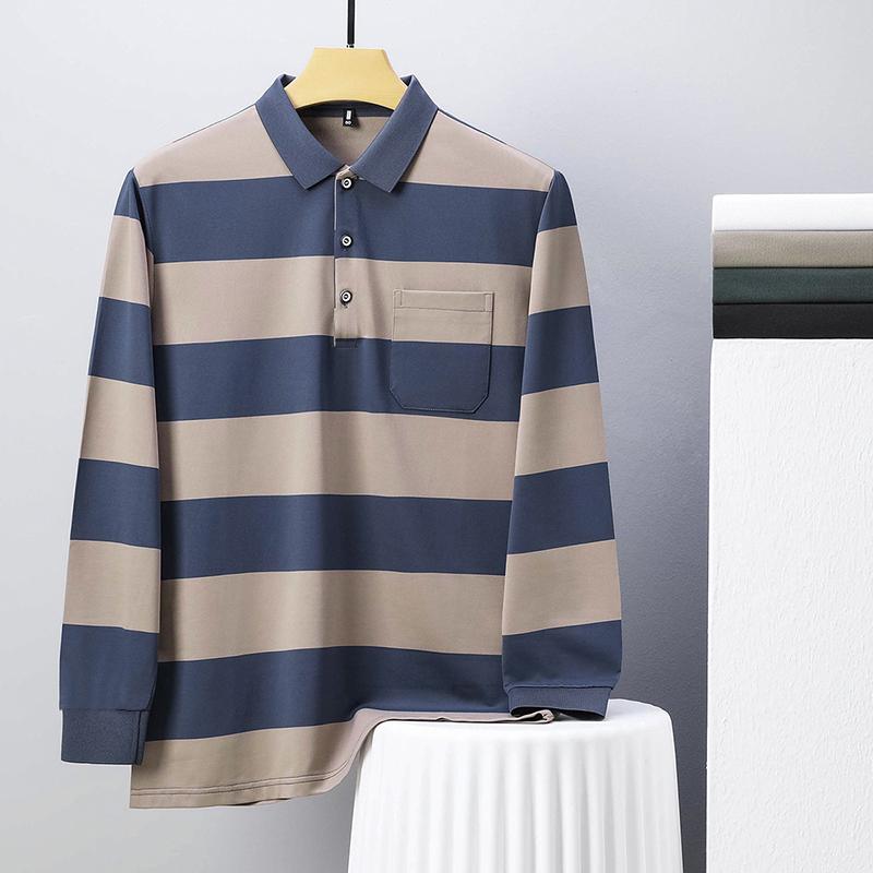

Men s Polo Shirt Lapel Long Sleeve T-Shirt Autumn Contrast Color Striped Pocket Fashion Business Menswear XL