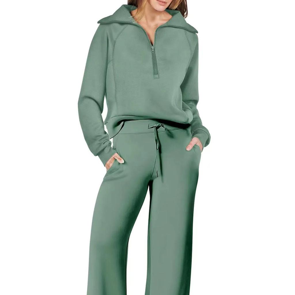 Women's 2 Piece Outfits Casual Lapel Half Zip Sweatshirts And Wide Leg Pants Tracksuit Sets