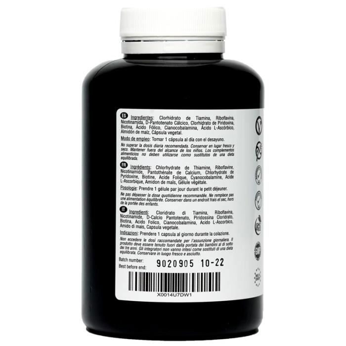 Vitamine b complex. 210 gélules vegan pour 7 mois. complexe de vitamines b avec b1, b2, b3, b5, b6, b12, biotine et acide folique.