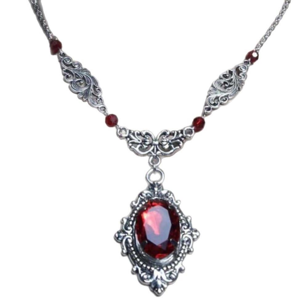 Retro Red Quartz Gothic Necklace Embossed Pattern Oval Pendant Vintage Choker Red Beads Charm Necklace Women Accessories