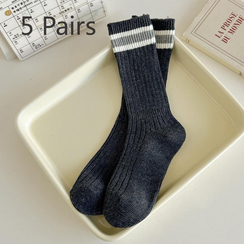 5 Pairs of Female Autumn and Winter Two Bar Striped Mid Tube Socks