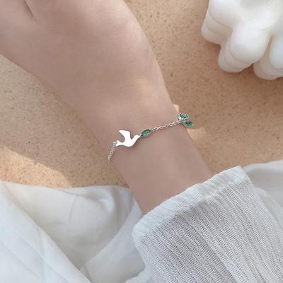 Allergieprävention 925 Sterling Silber Armband für Damen Klassischer Kristall Grünes Blatt Vogel Charm Schmuck sl139