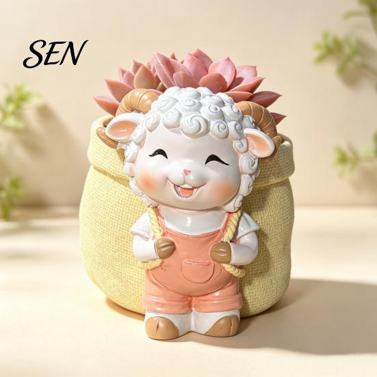 Cute Lamb Succulents Planter Planter, Cartoon Sheep Carring Bag Plant Pot, Small Pot for Gift Resin Flower Succulents, Houseplants, Desk Decoration