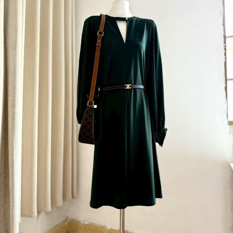 

Autumn Foreign Trade Order Wedge Collar Draping Effect Long sleeve Mid-Length Dress Dark green 12T