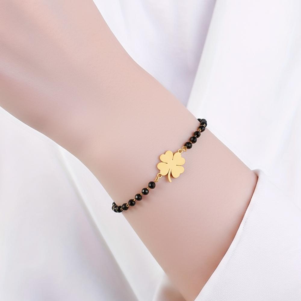 DGIDDK Stainless Steel Four-Leaf Clover Pendant With Black Beaded Bracelet Women's Fashionable And Unique Design Wrist Accessory