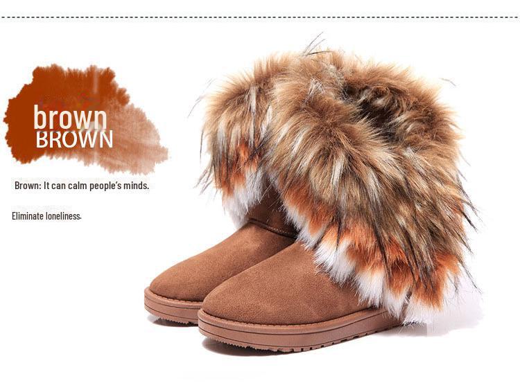 Damen Mid-Calf Schneestiefel mit Fuchsfellbesatz - Winter Baumwollfutter