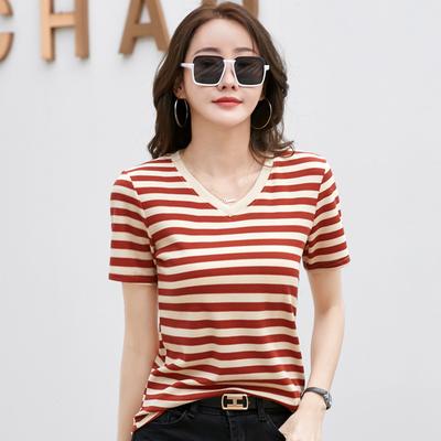 Women's V-neck T-shirt Solid Color Loose Short-sleeved Striped Casual Style XS Size for Summer Leisure Tops