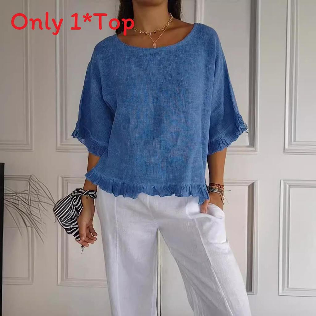 T-shirt Basic Estiva da Donna in Cotone e Lino, Vestibilità Larga, per Uso Casual