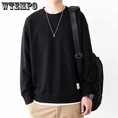 Round Neck Loose Men's Pullover Two Pieces Casual Long Sleeve Top Men's Solid Waffle Guards Men's
