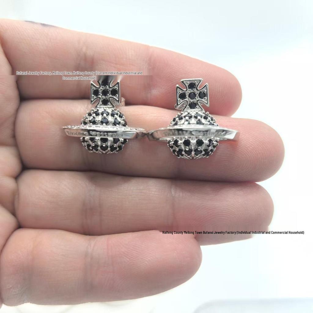 Cixi Schwarzer Diamant Halbes Gesicht 3D Planeten Ohrstecker - Leichter Luxus Mode Punk Stil für Damen