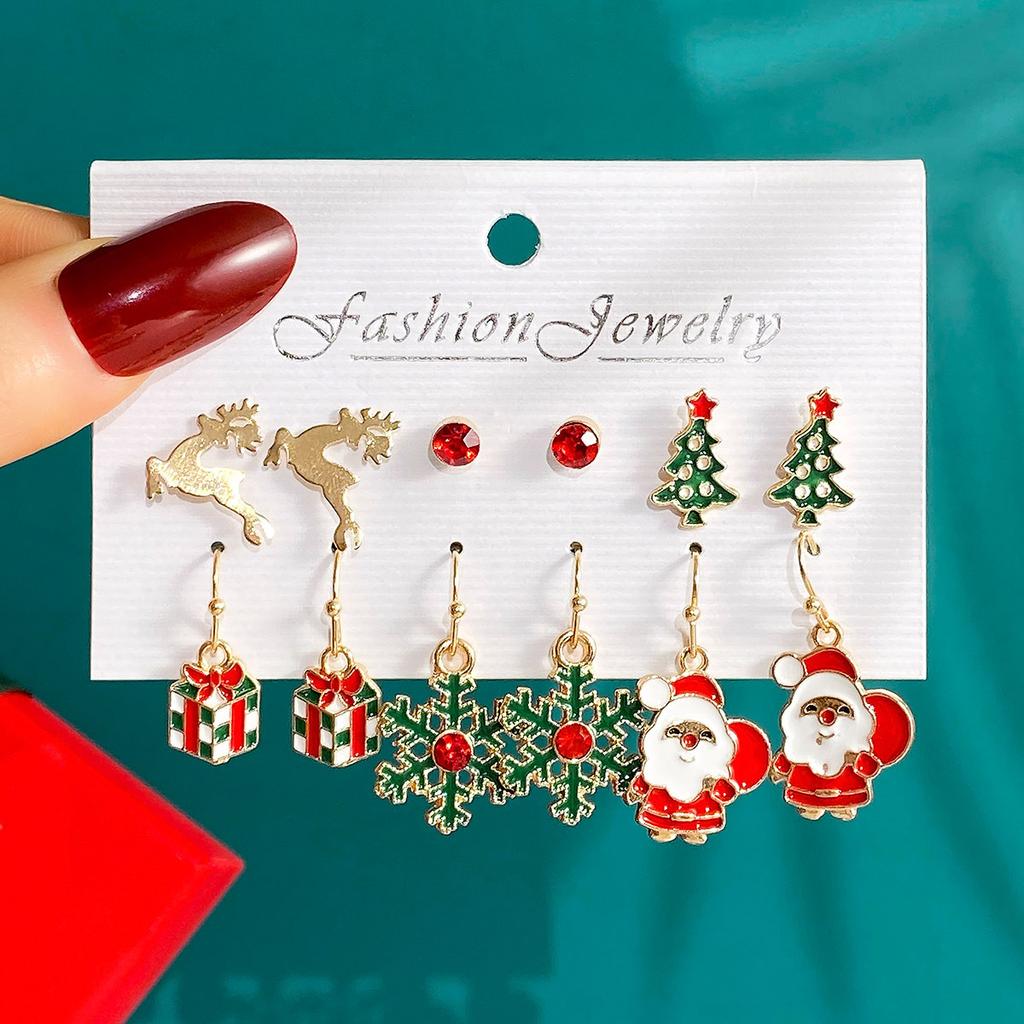 6 Pairs Christmas Set  Cartoon Dripping Oil Elk Santa Claus Christmas Tree Earrings for Women
